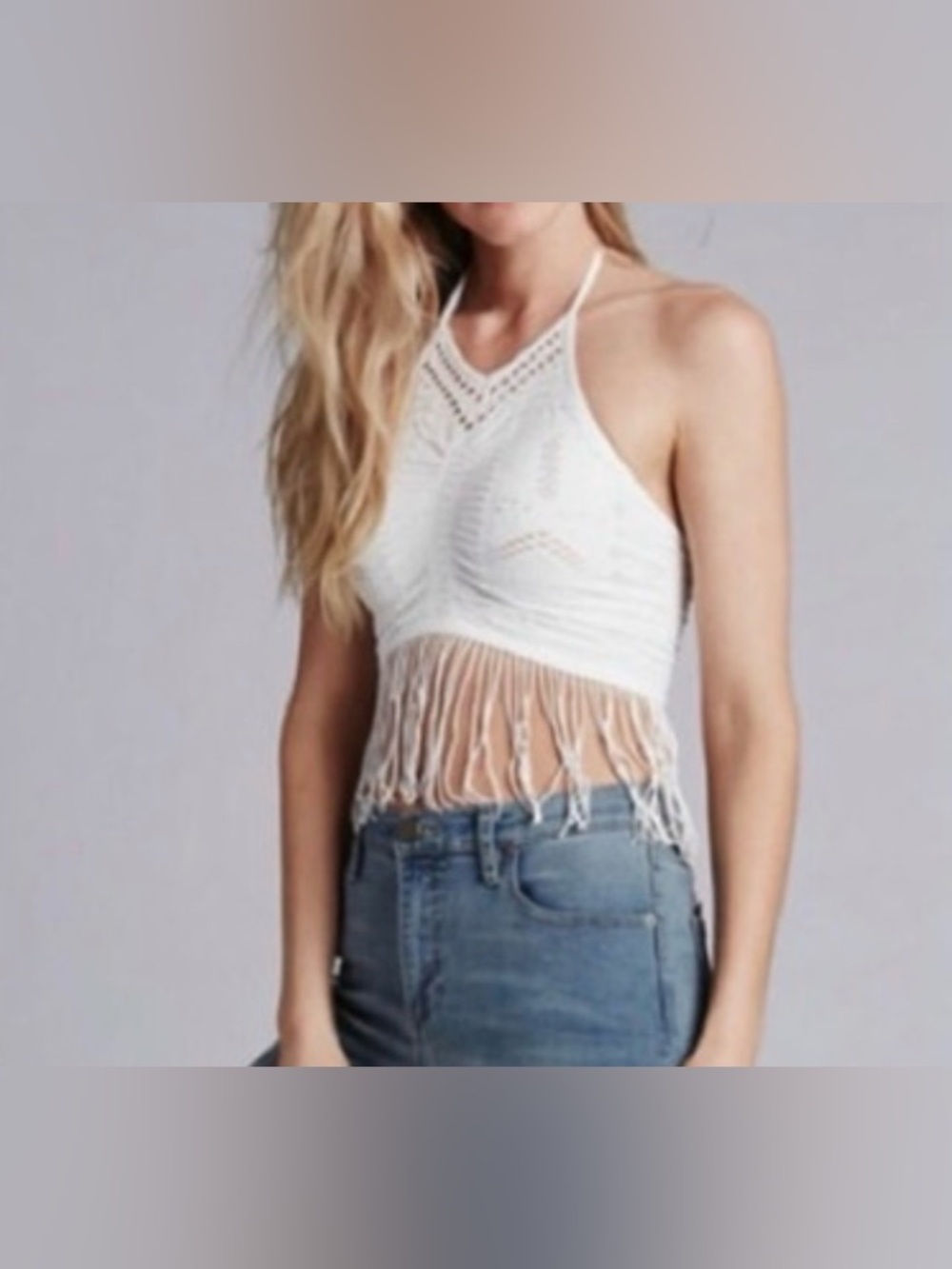 Free People White Crochet Fringe Halter Crop Top